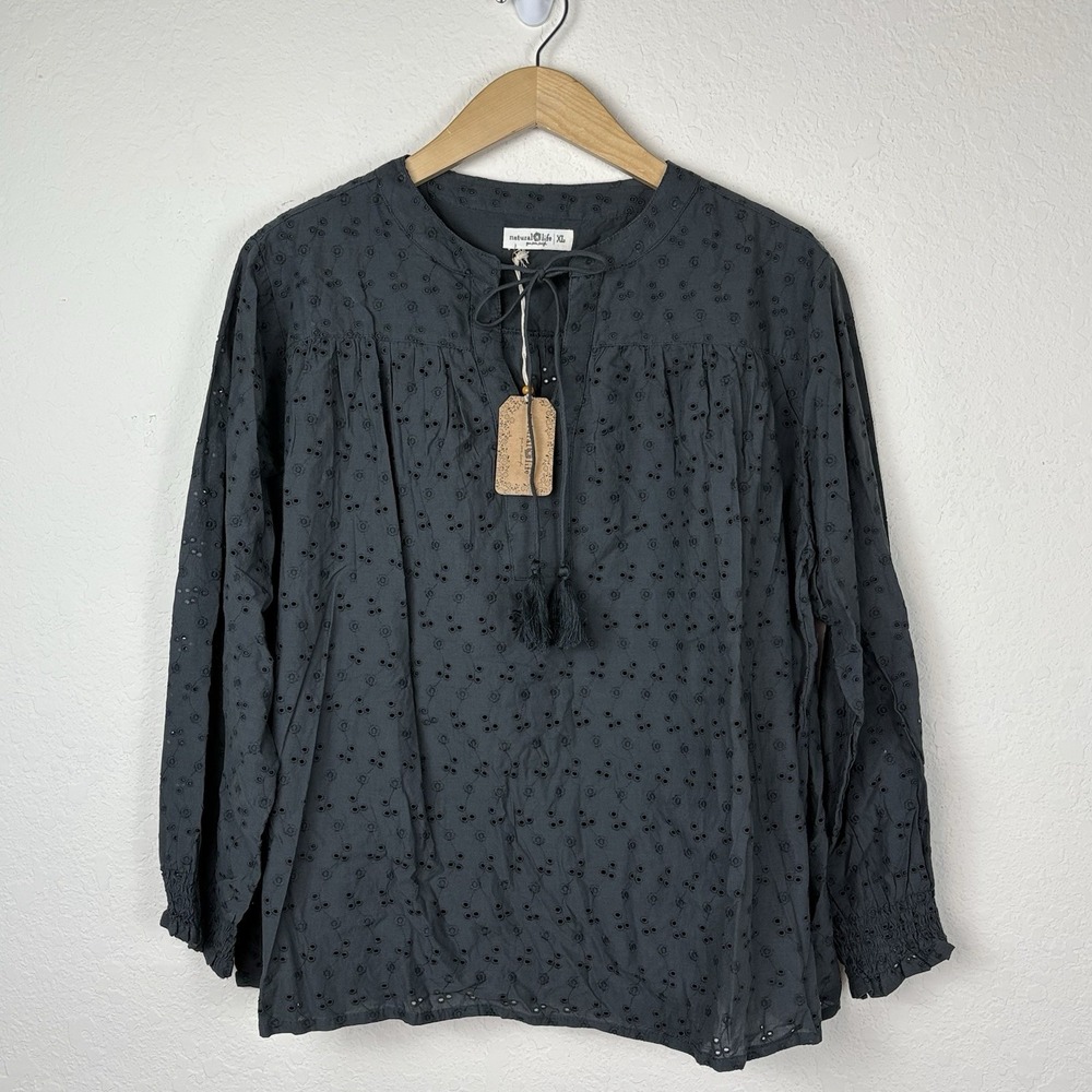 Natural Life XL Eyelet Blouse Gray Long Sleeve Peasant Boho Tassel Minimalist - Picture 2 of 5